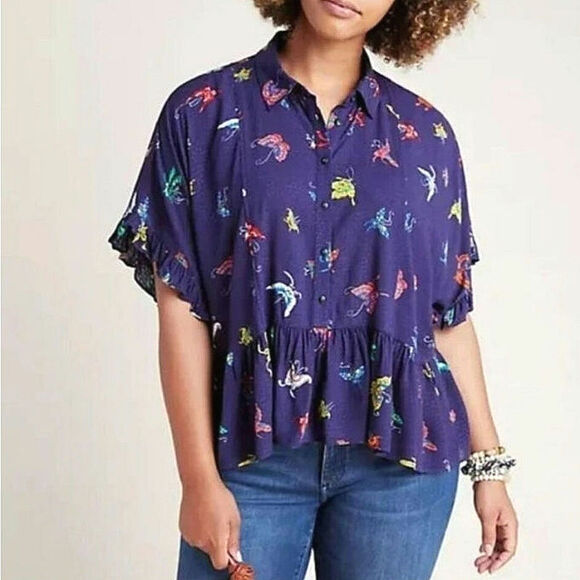 Anthropologie Maeve Butterfly Peplum Top Short Sleeve Ruffle Blue Summer Boho XS - Picture 1 of 15